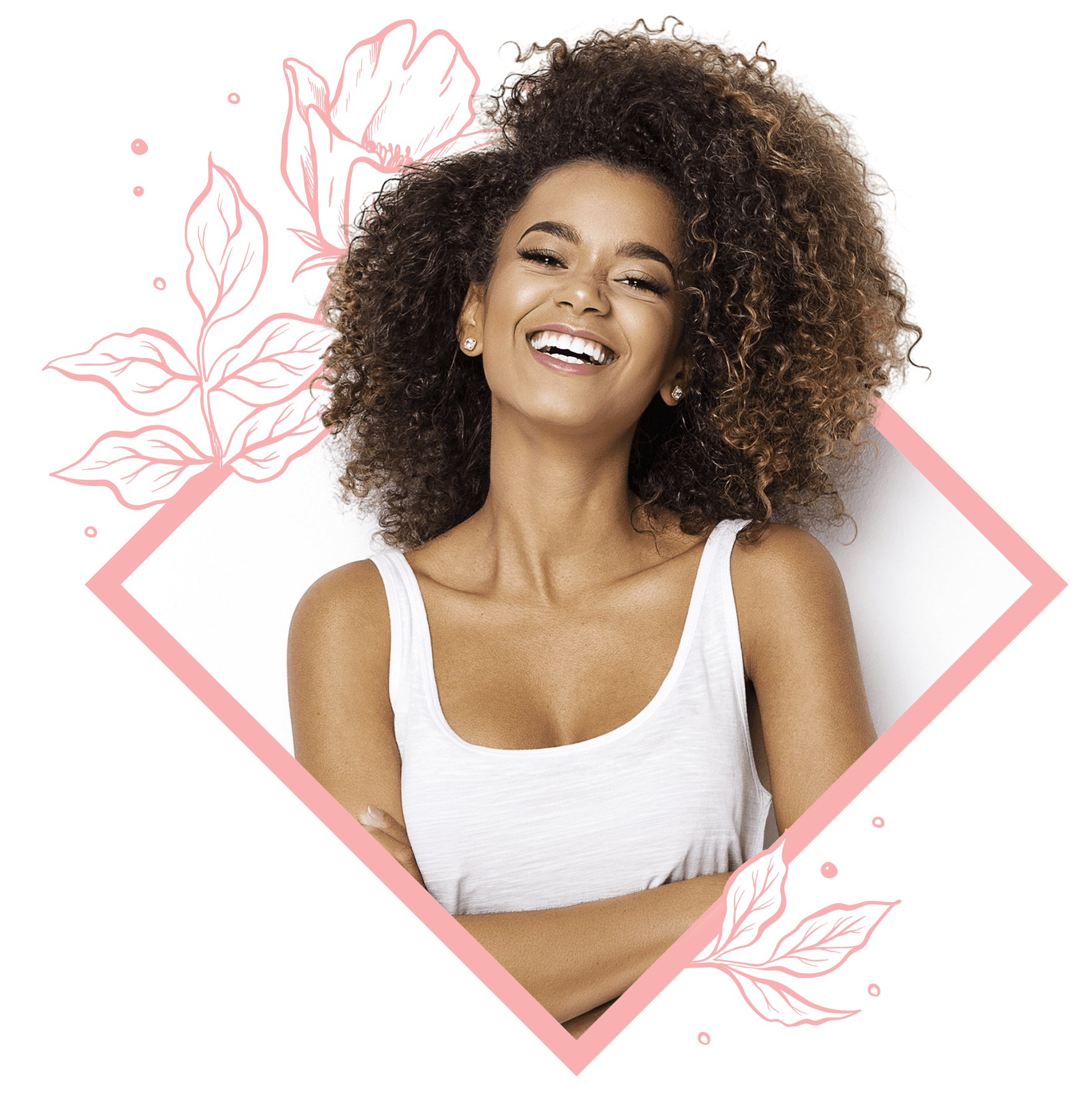 Smiling woman with curly hair and a white tank top, framed by floral graphics, conveys confidence and joy. Ideal for wellness or beauty content.