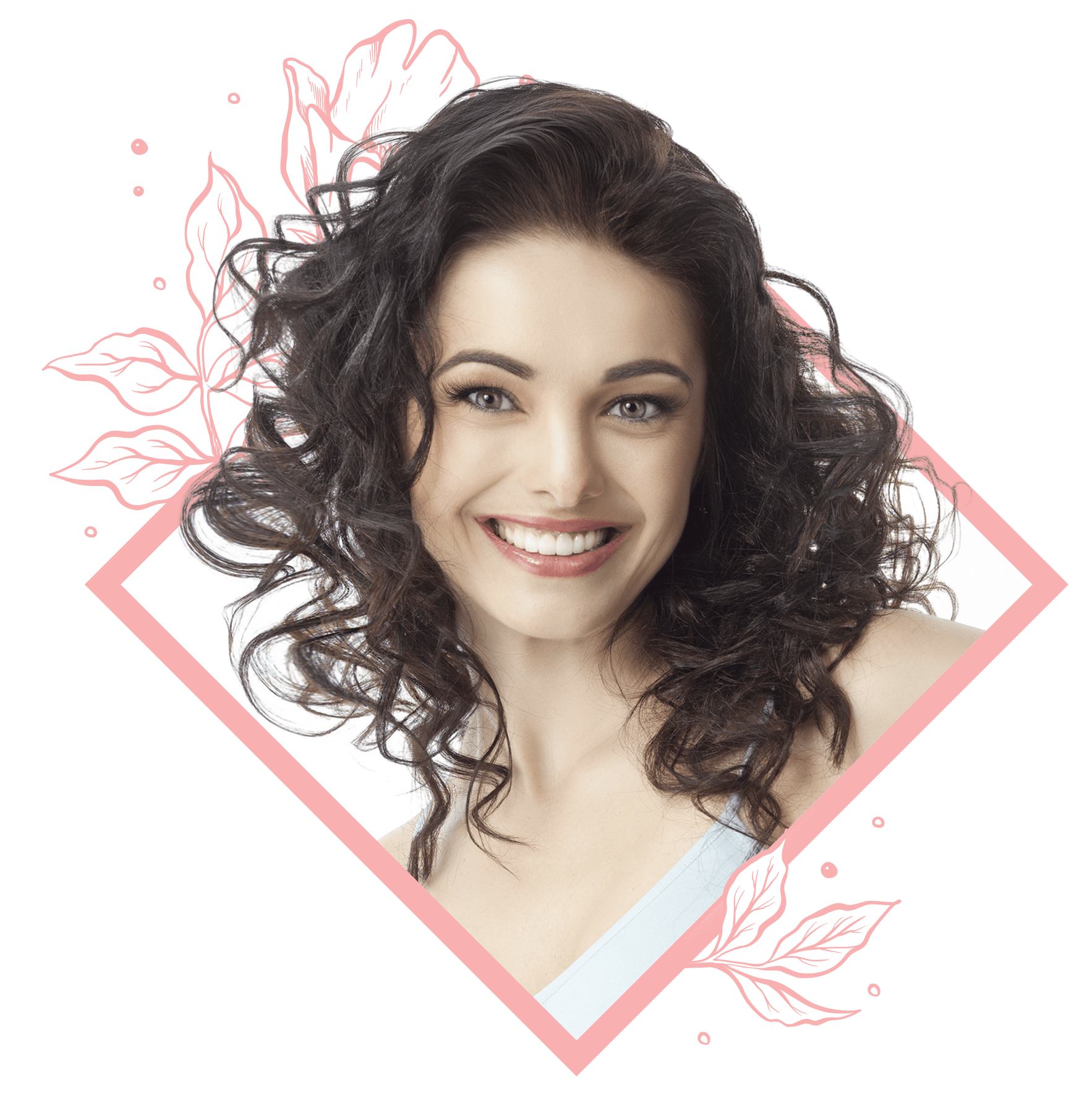 Smiling woman with curly hair, framed by floral graphics, exuding warmth and confidence. Suitable for a beauty or wellness theme.