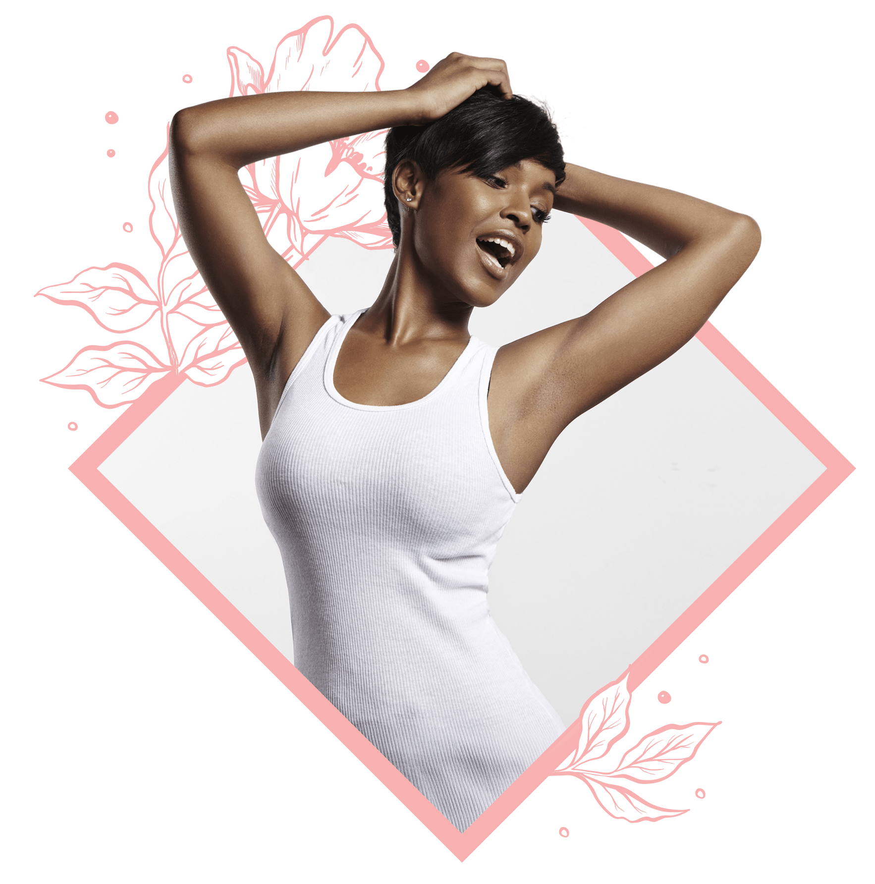 Joyful woman in a white tank top poses confidently with her hands in her hair, surrounded by floral graphics, highlighting a vibrant, carefree look.