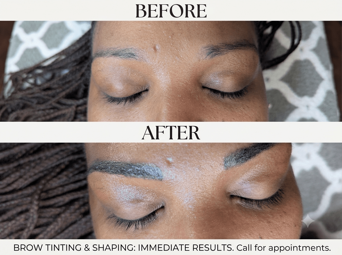 Before-and-after photo showcasing brow tinting and shaping results. The top shows natural brows, while the bottom highlights enhanced, defined brows.